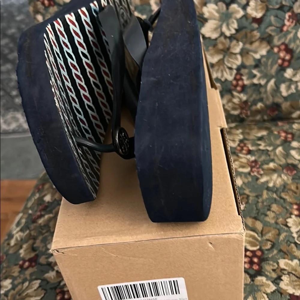 Navy Striped Flip Flops with Logo - Picture 3 of 5